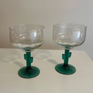 Set of 2 Green Cactus Stem Glass Margarita Glasses